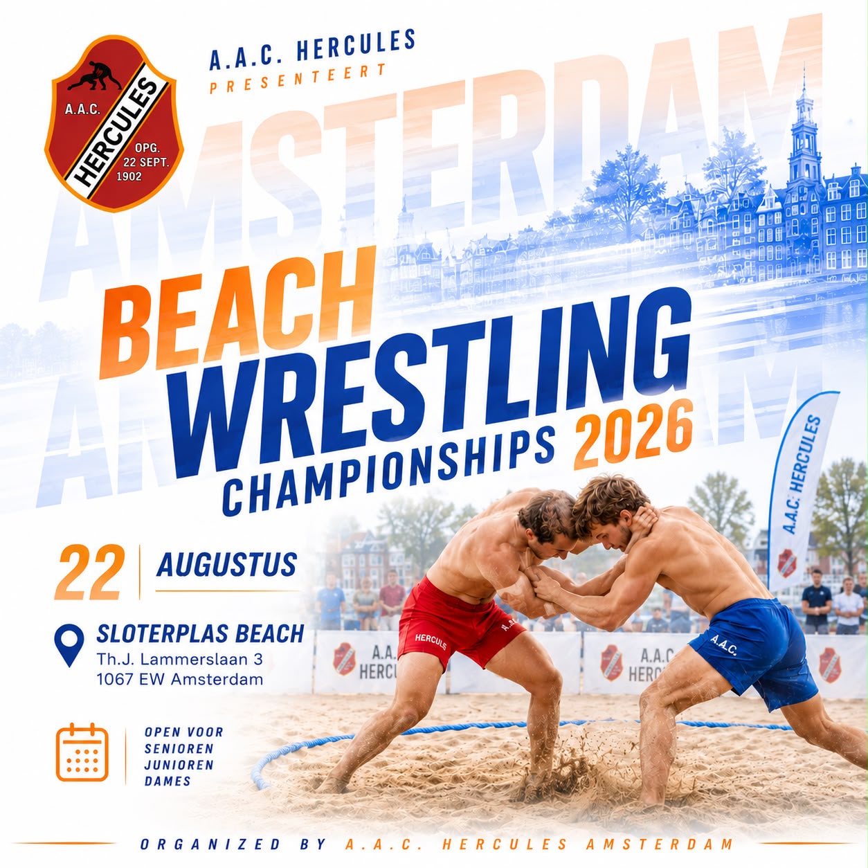 Poster van de AAC Hercules Beach Wrestling Championships 2026 op 22 augustus aan de Sloterplas in Amsterdam